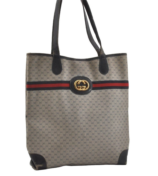Authentic GUCCI Sherry Line Micro GG Shoulder Tote Bag PVC Leather Navy 2484J