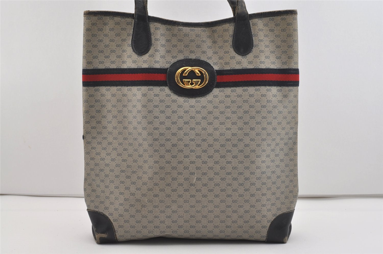 Authentic GUCCI Sherry Line Micro GG Shoulder Tote Bag PVC Leather Navy 2484J