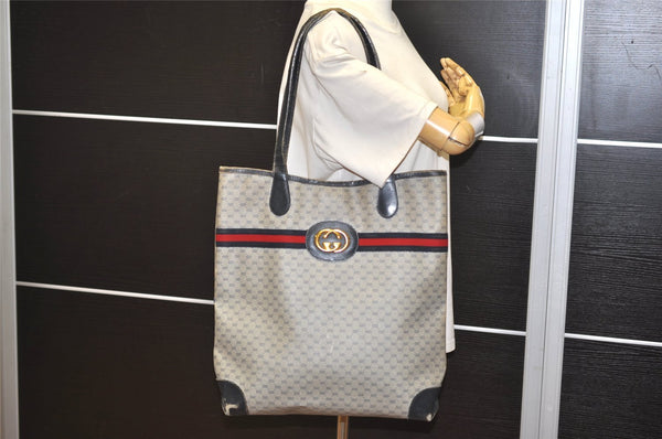 Authentic GUCCI Sherry Line Micro GG Shoulder Tote Bag PVC Leather Navy 2484J