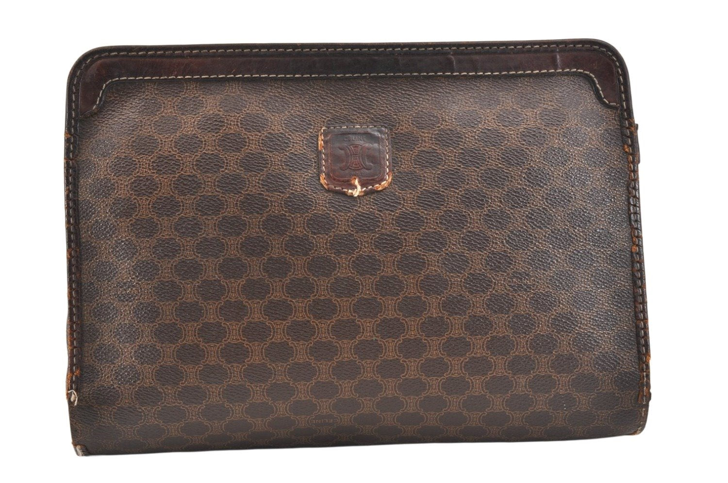 Authentic CELINE Macadam Blason Pattern Clutch Bag PVC Leather Brown Junk 2486K