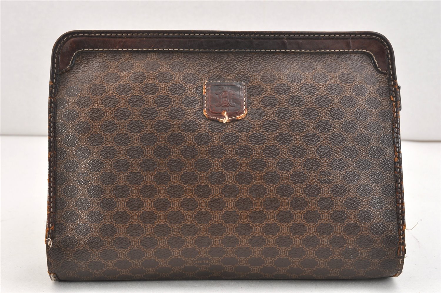Authentic CELINE Macadam Blason Pattern Clutch Bag PVC Leather Brown Junk 2486K