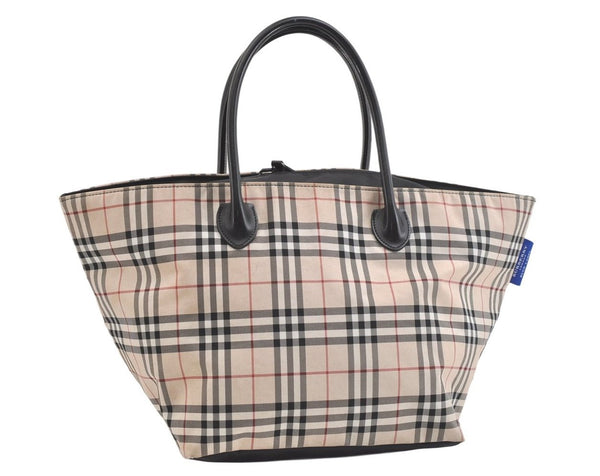 Authentic BURBERRY BLUE LABEL Check Shoulder Tote Bag Nylon Leather Beige 2487K