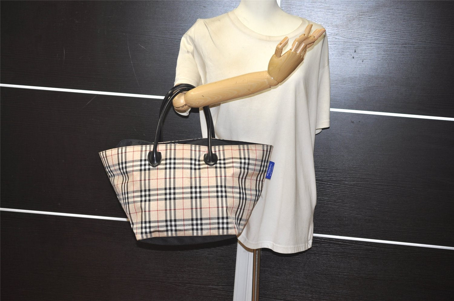 Authentic BURBERRY BLUE LABEL Check Shoulder Tote Bag Nylon Leather Beige 2487K