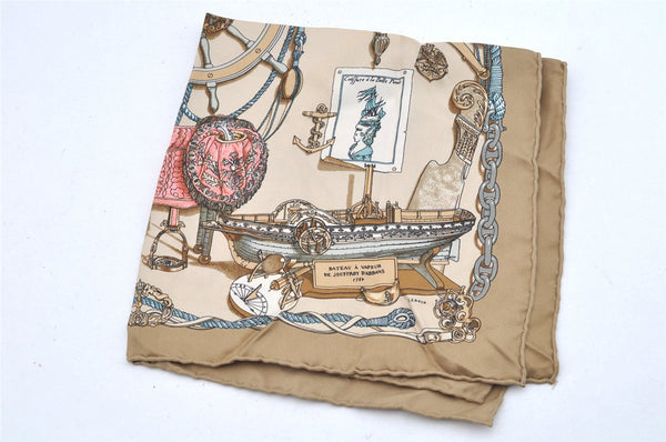 Authentic HERMES Petit Carre 40 Scarf Handkerchief "MUSEE" Silk Beige 2490I