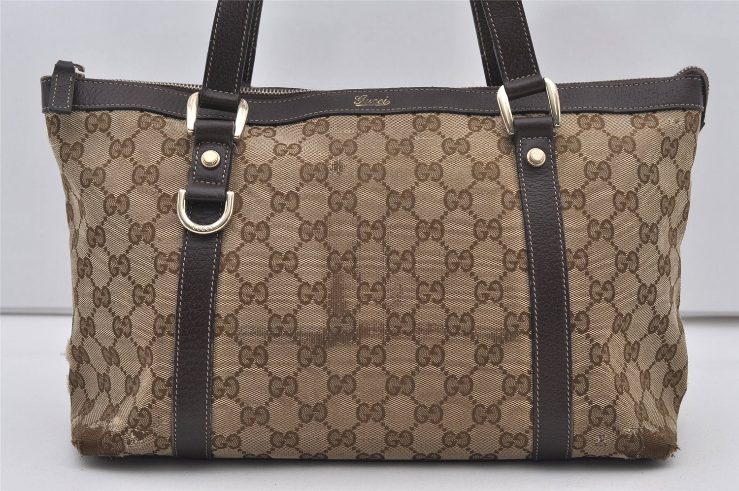 Authentic GUCCI Abbey Shoulder Tote Bag GG Canvas Leather 141470 Brown 2492J