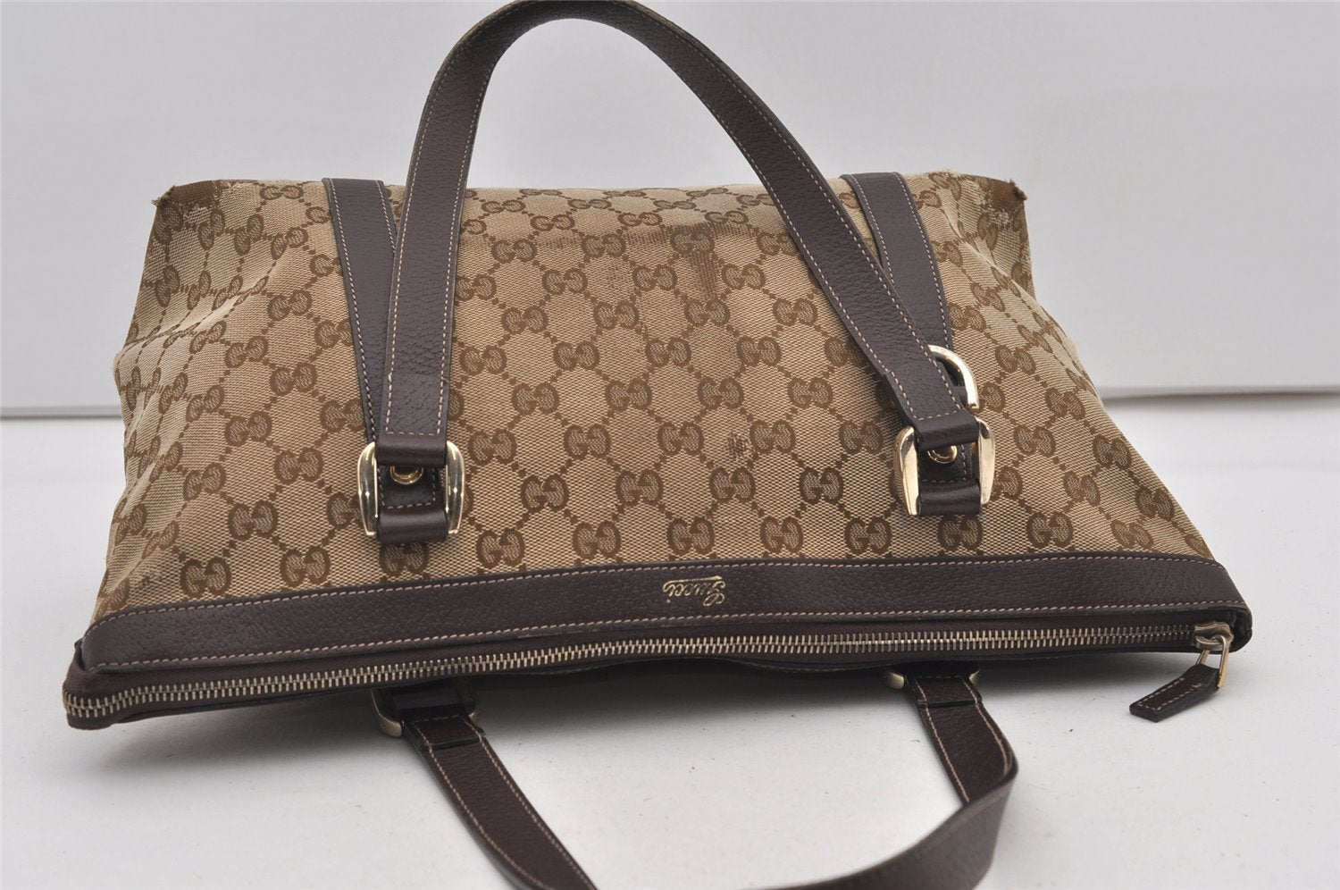 Authentic GUCCI Abbey Shoulder Tote Bag GG Canvas Leather 141470 Brown 2492J