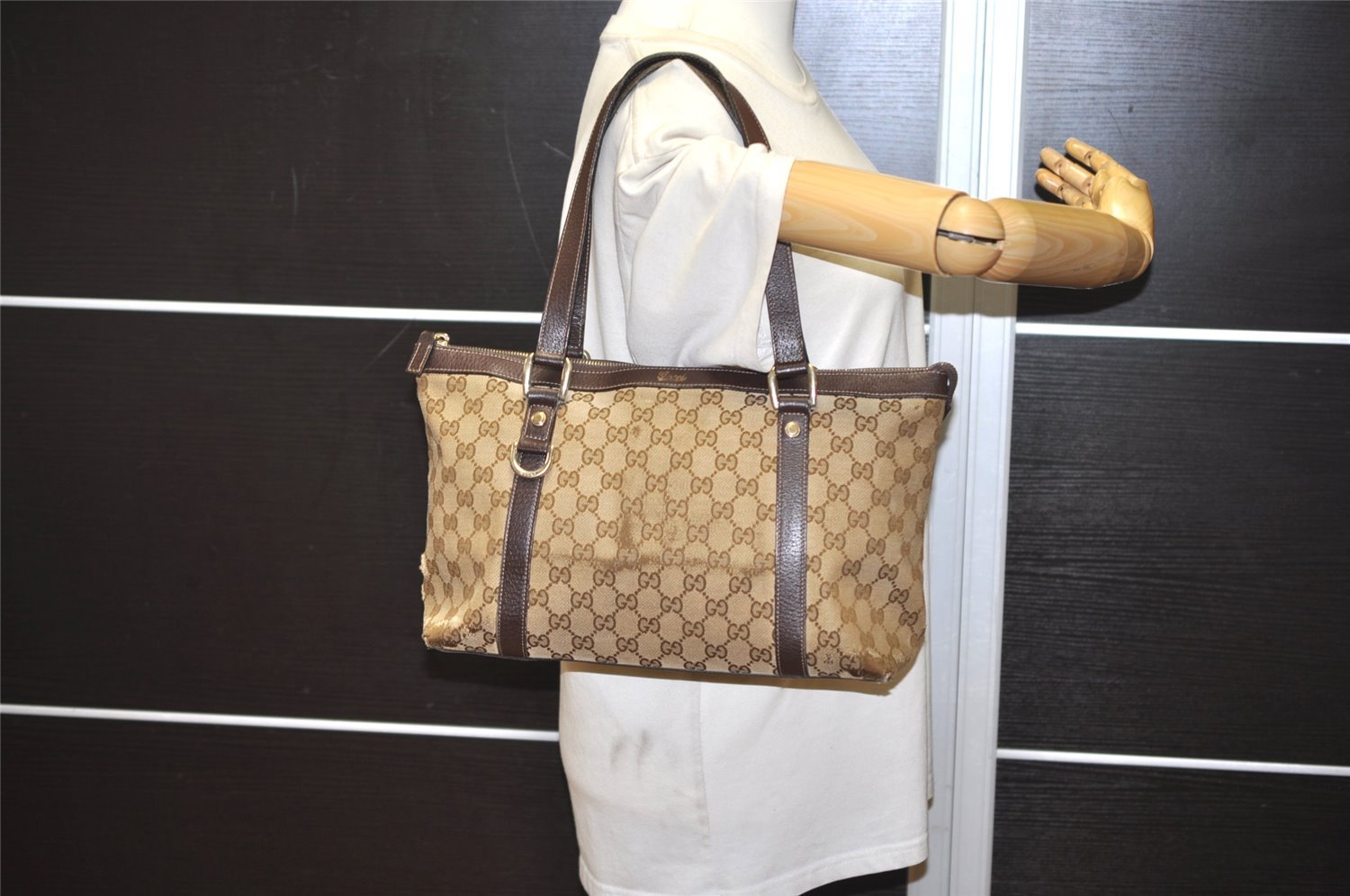 Authentic GUCCI Abbey Shoulder Tote Bag GG Canvas Leather 141470 Brown 2492J