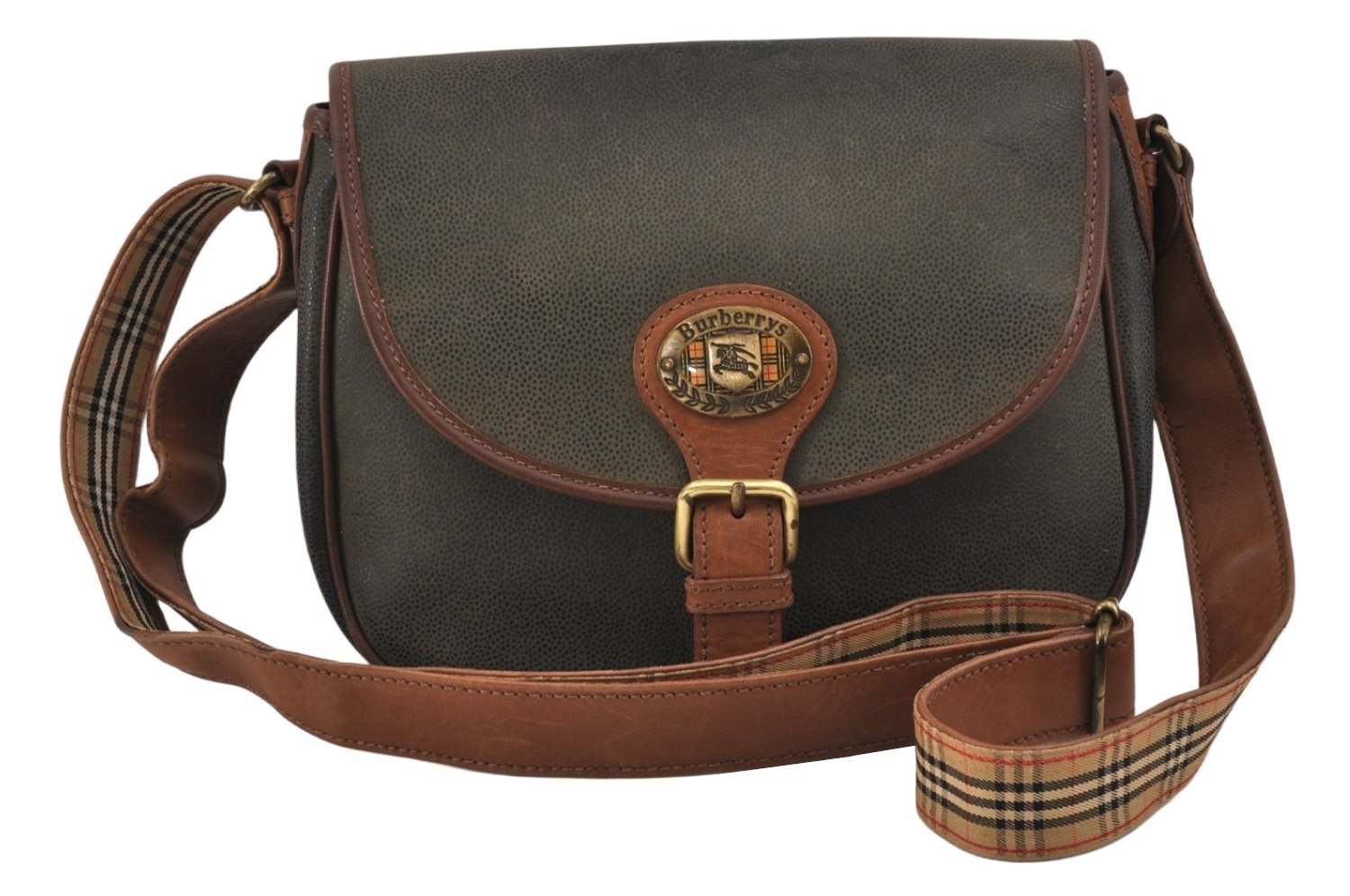 Authentic Burberrys Leather Shoulder Cross Body Bag Purse Green Junk 2500K
