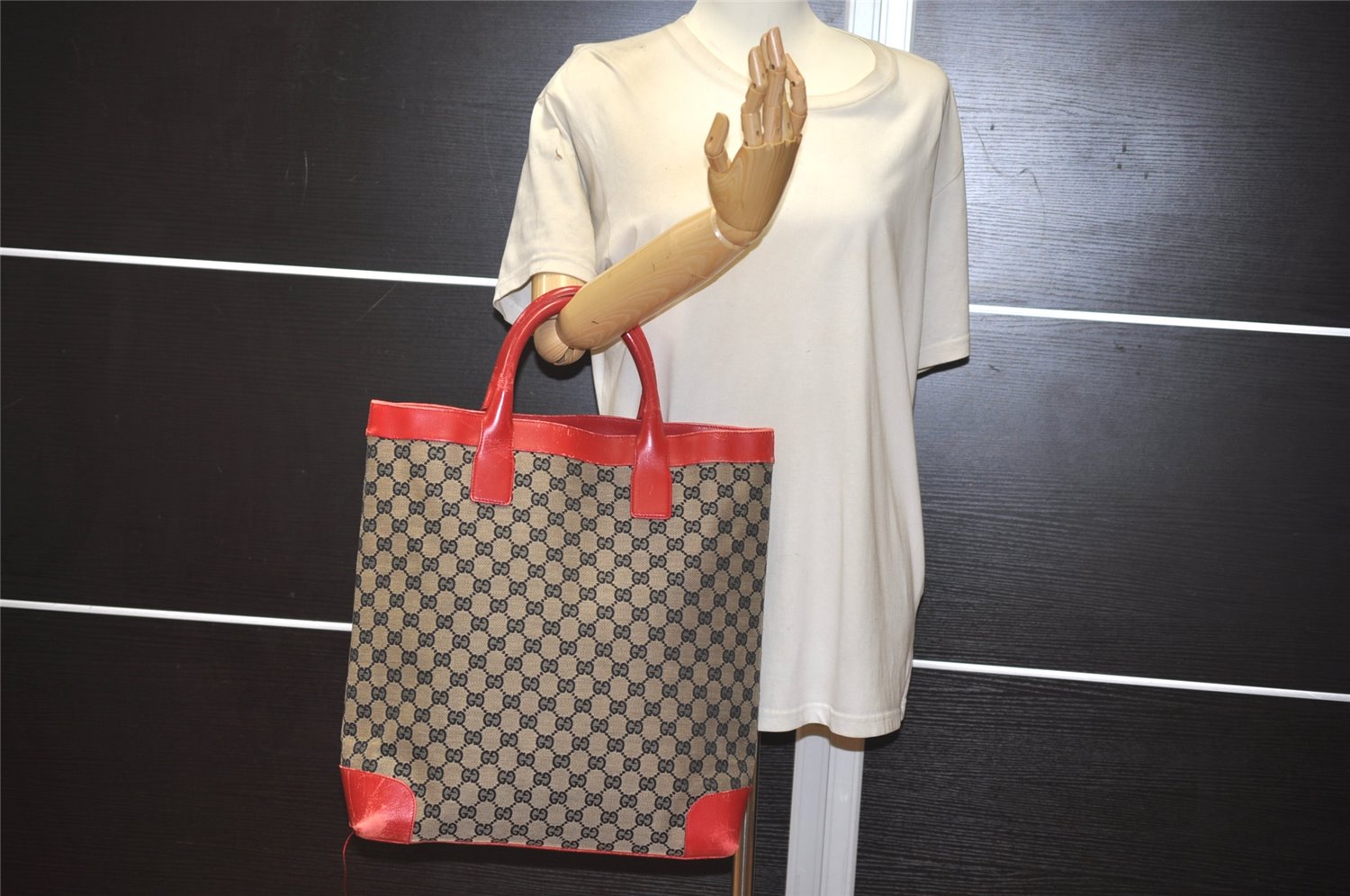 Authentic GUCCI Vintage Hand Tote Bag GG Canvas Leather 0021121 Black Red 2501K