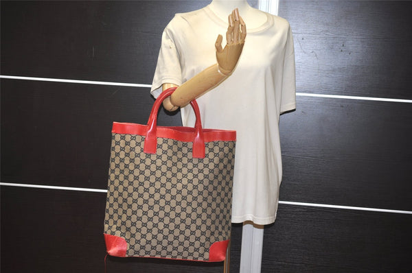Authentic GUCCI Vintage Hand Tote Bag GG Canvas Leather 0021121 Black Red 2501K