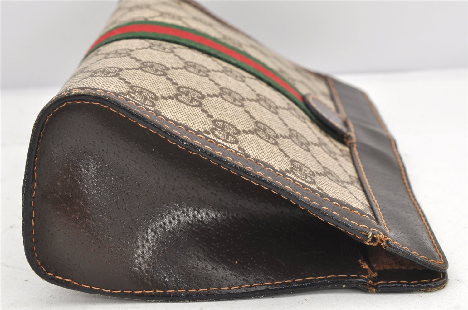 Authentic GUCCI Web Sherry Line Clutch Hand Bag Purse GG PVC Leather Brown 2502K