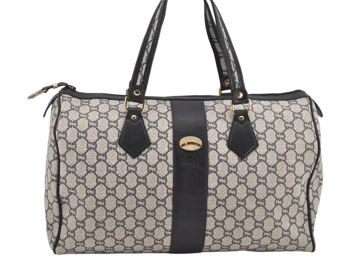 Authentic GUCCI GG Plus PVC Leather Vintage Boston Hand Bag Navy Blue 2504K