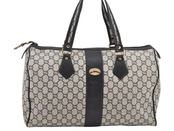 Authentic GUCCI GG Plus PVC Leather Vintage Boston Hand Bag Navy Blue 2504K