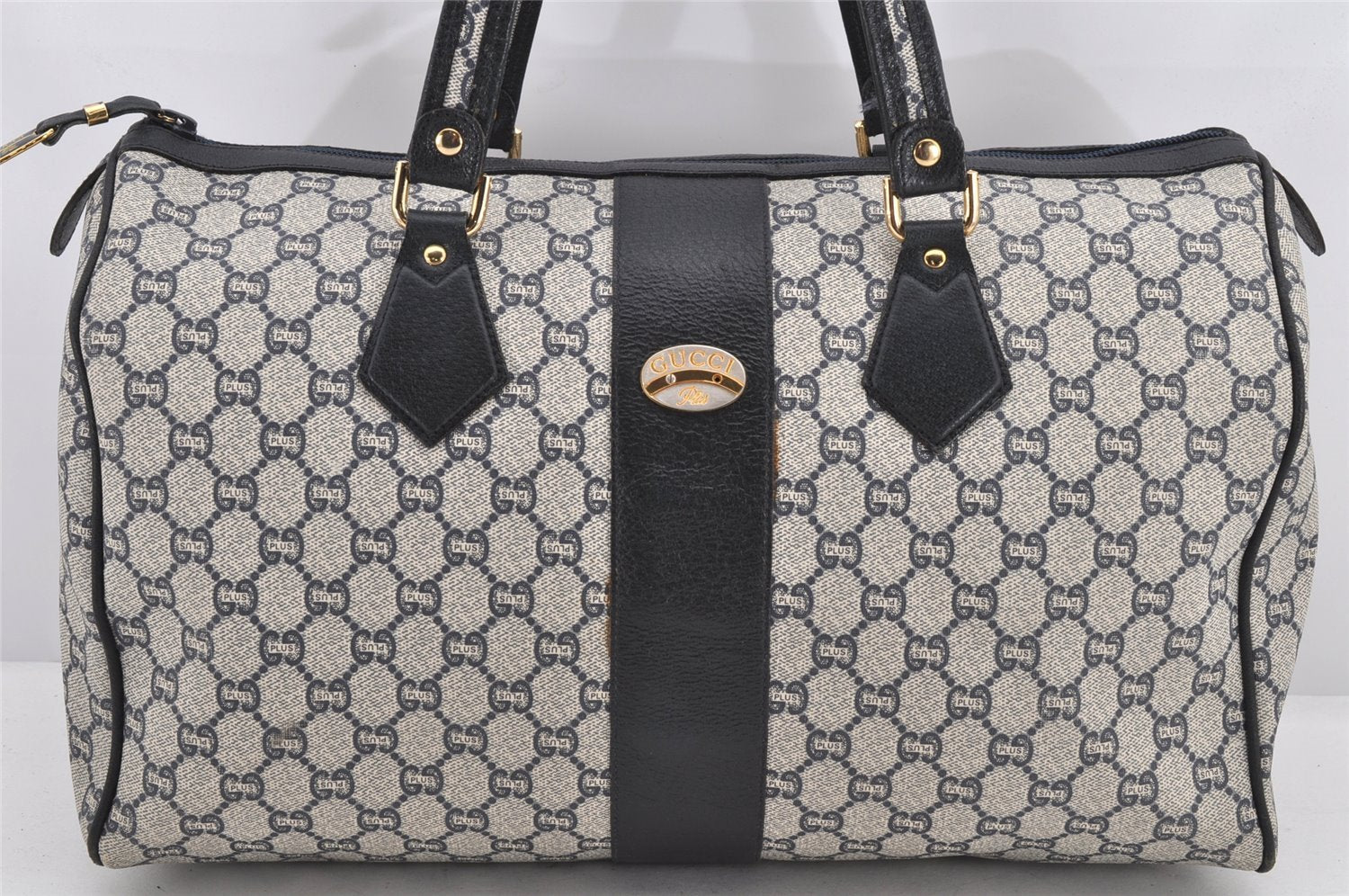 Authentic GUCCI GG Plus PVC Leather Vintage Boston Hand Bag Navy Blue 2504K