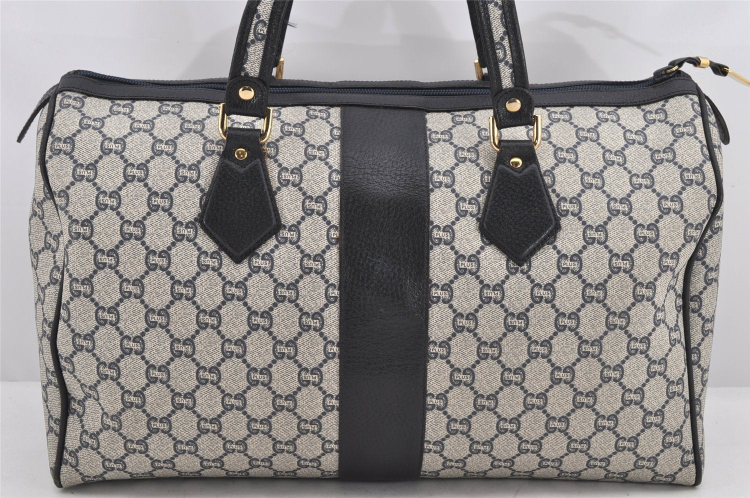 Authentic GUCCI GG Plus PVC Leather Vintage Boston Hand Bag Navy Blue 2504K