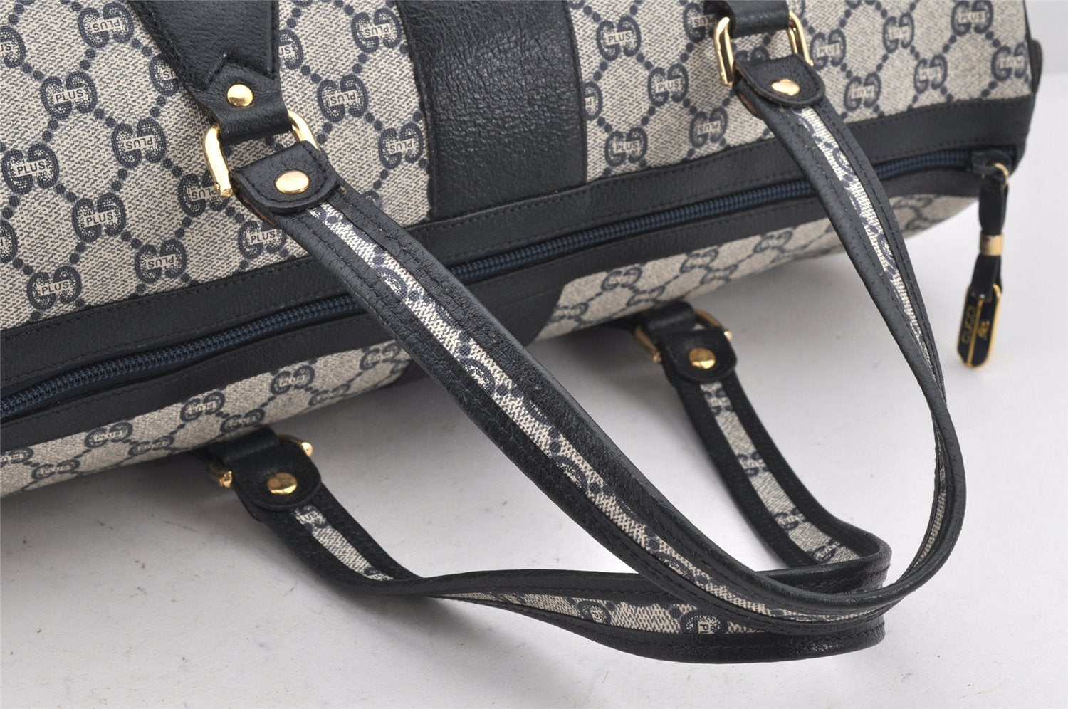 Authentic GUCCI GG Plus PVC Leather Vintage Boston Hand Bag Navy Blue 2504K