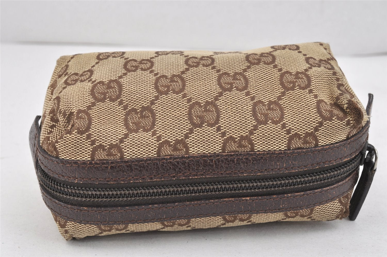 Authentic GUCCI Vintage Pouch Purse GG Canvas Leather 29596 Brown 2509K