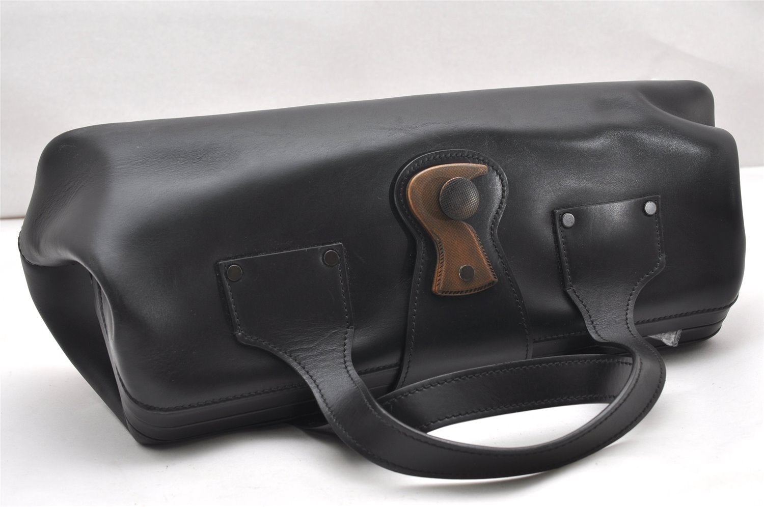 Authentic GUCCI Doctors Bag Hand Bag Leather Wood 104992 Black 2517K