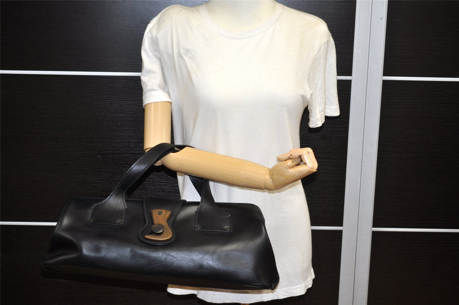 Authentic GUCCI Doctors Bag Hand Bag Leather Wood 104992 Black 2517K