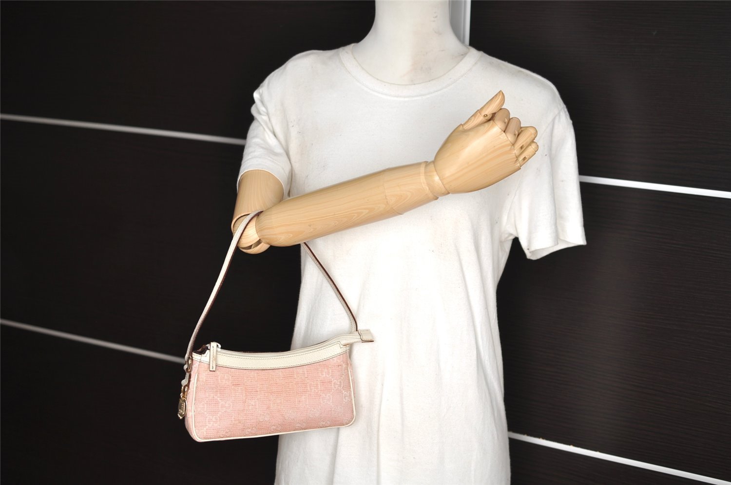 Authentic GUCCI Vintage Hand Bag Pouch Purse GG Canvas Leather 154432 Pink 2520I