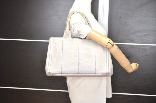 Authentic PRADA Canapa M Vintage Denim Tote Hand Bag Light Gray 2522I