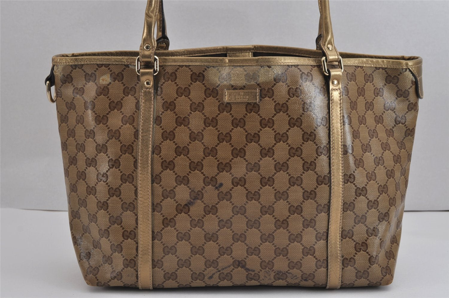 Authentic GUCCI GG Crystal Shoulder Tote Bag GG PVC Leather 197953 Brown 2524J