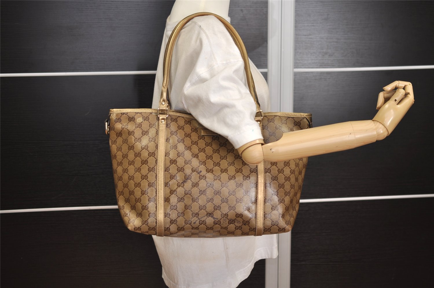 Authentic GUCCI GG Crystal Shoulder Tote Bag GG PVC Leather 197953 Brown 2524J