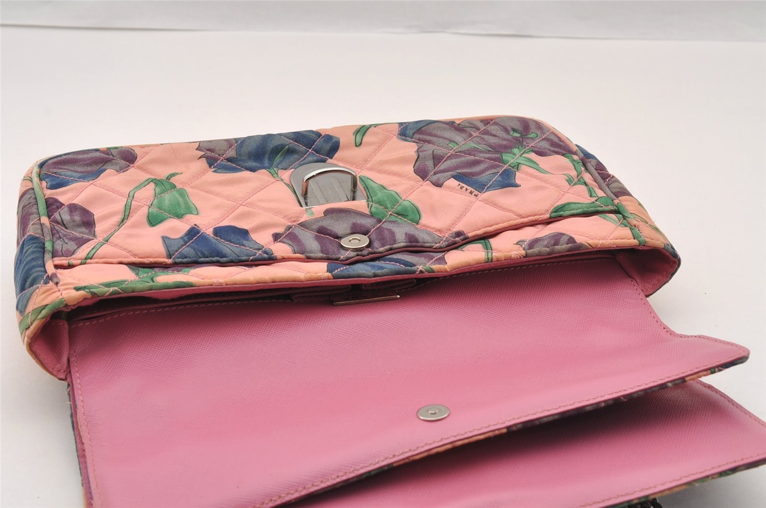 Authentic PRADA Flower Nylon Tessuto Saffiano Leather Shoulder Bag Pink 2528I