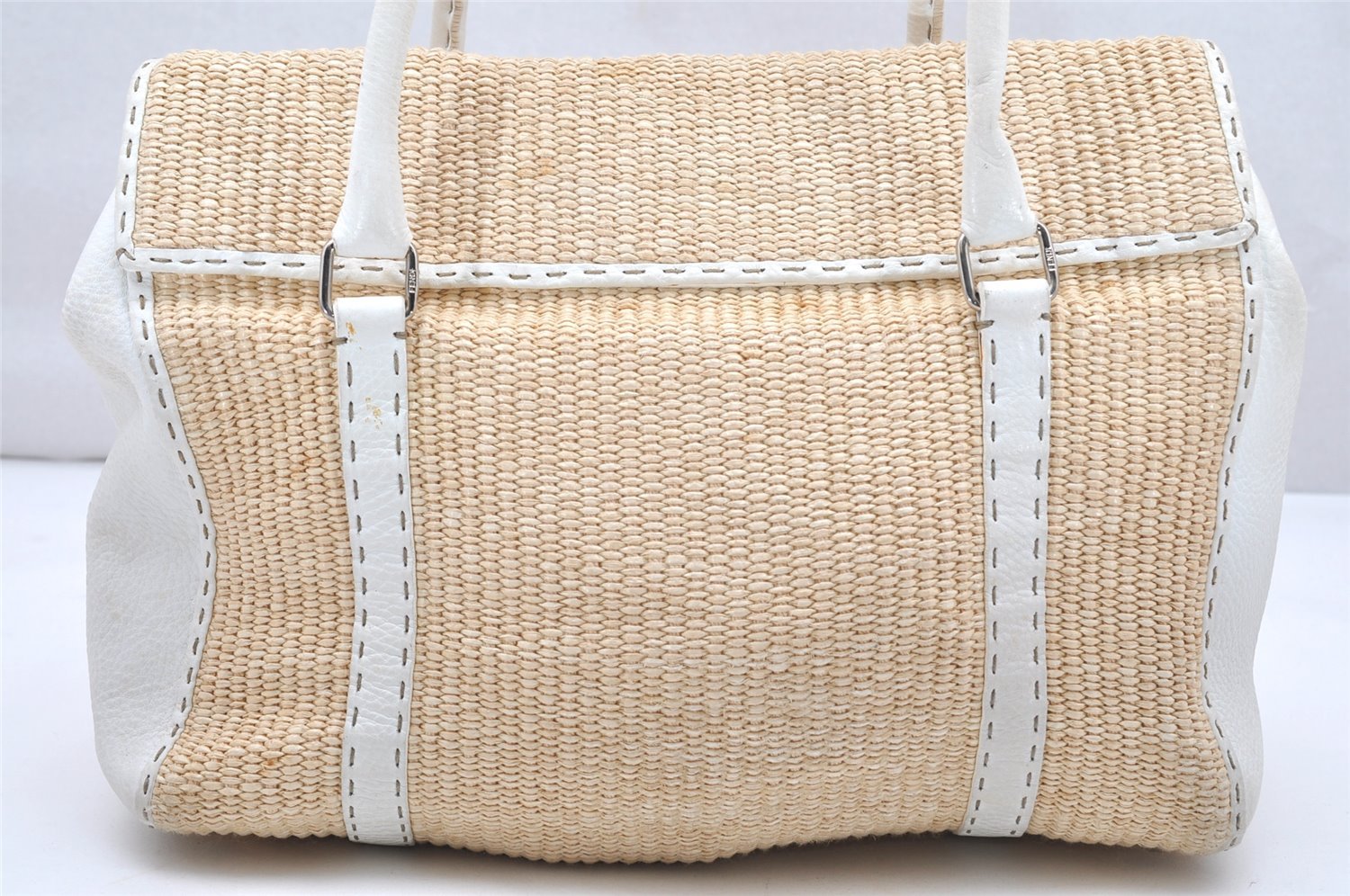 Authentic FENDI Selleria Shoulder Hand Bag Raffia Leather Beige White 2532K