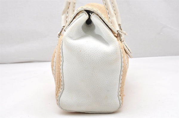 Authentic FENDI Selleria Shoulder Hand Bag Raffia Leather Beige White 2532K