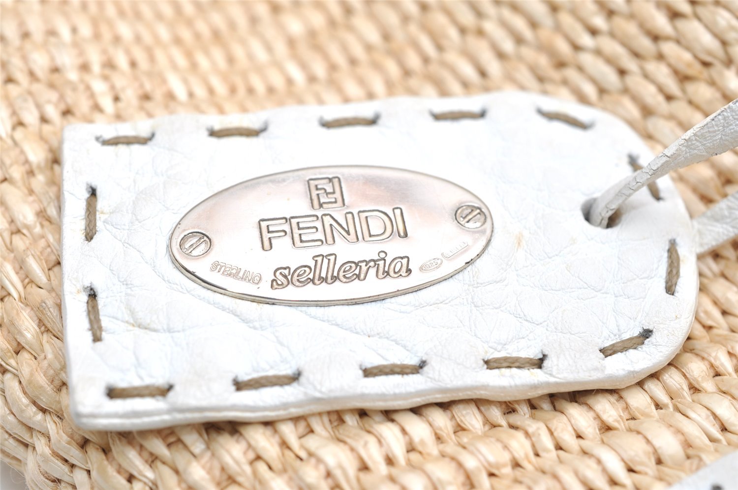 Authentic FENDI Selleria Shoulder Hand Bag Raffia Leather Beige White 2532K