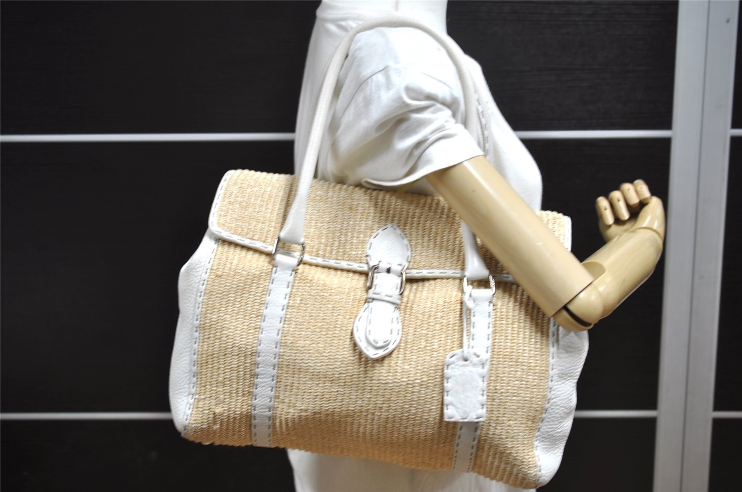 Authentic FENDI Selleria Shoulder Hand Bag Raffia Leather Beige White 2532K