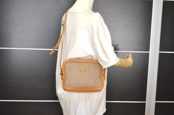 Authentic GUCCI Web Sherry Line Micro GG Shoulder Bag PVC Leather Brown 2538I