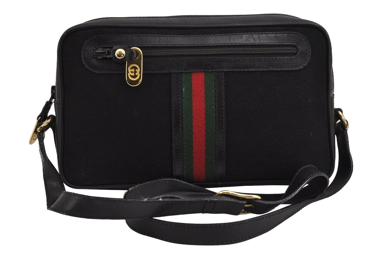 Authentic GUCCI Web Sherry Line Micro GG Canvas Leather Shoulder Bag Black 2539J