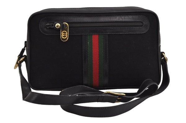 Authentic GUCCI Web Sherry Line Micro GG Canvas Leather Shoulder Bag Black 2539J