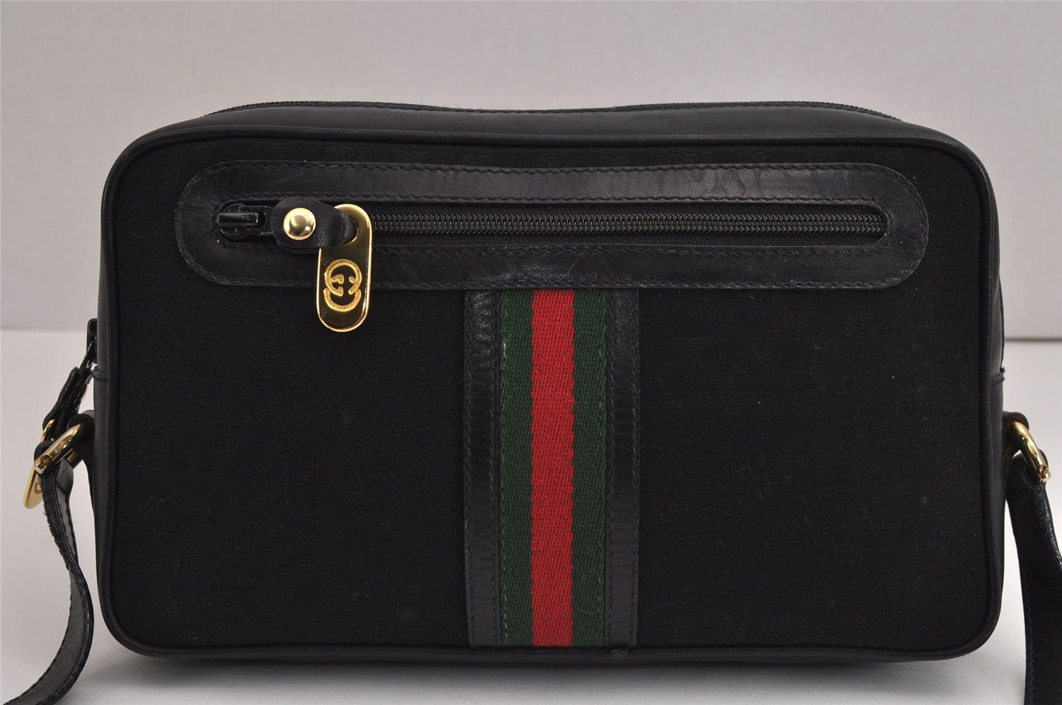 Authentic GUCCI Web Sherry Line Micro GG Canvas Leather Shoulder Bag Black 2539J
