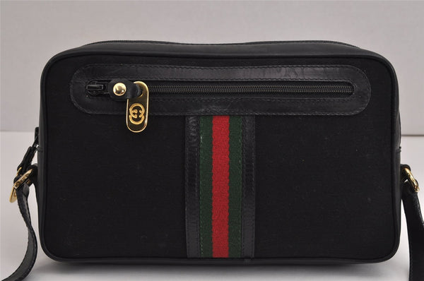 Authentic GUCCI Web Sherry Line Micro GG Canvas Leather Shoulder Bag Black 2539J