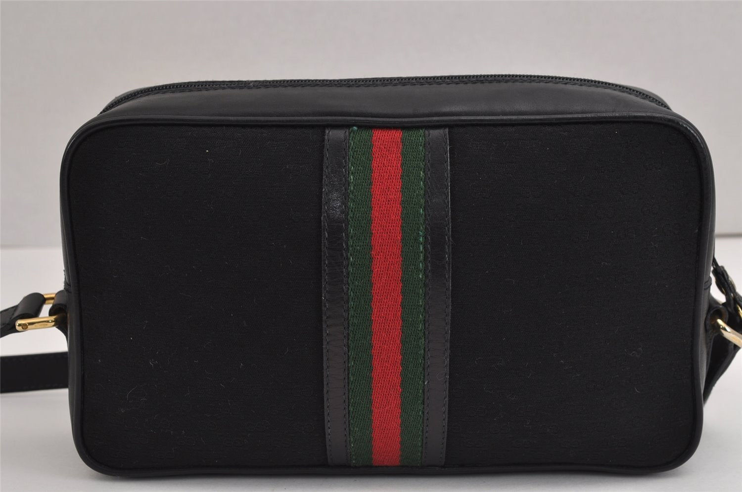 Authentic GUCCI Web Sherry Line Micro GG Canvas Leather Shoulder Bag Black 2539J
