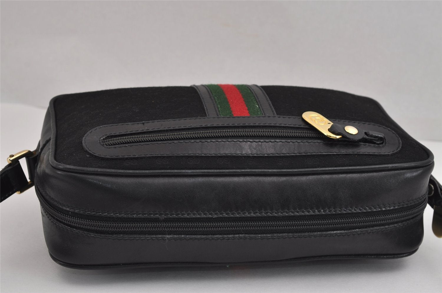 Authentic GUCCI Web Sherry Line Micro GG Canvas Leather Shoulder Bag Black 2539J