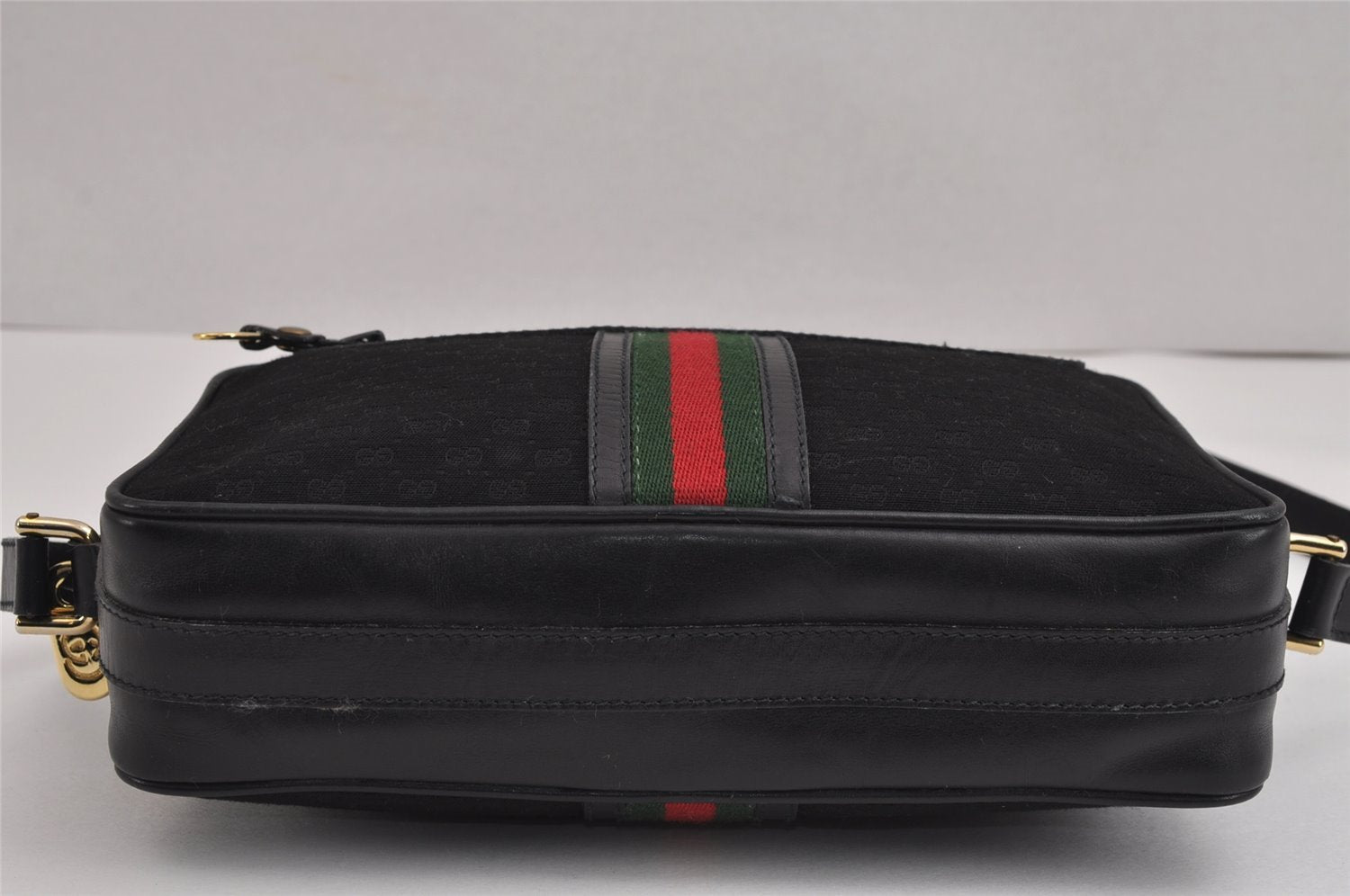 Authentic GUCCI Web Sherry Line Micro GG Canvas Leather Shoulder Bag Black 2539J