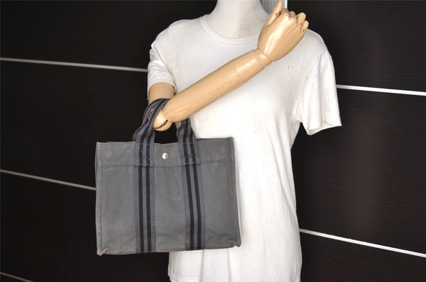 Authentic HERMES Fourre Tout PM Vintage Hand Tote Bag Canvas Gray 2540I