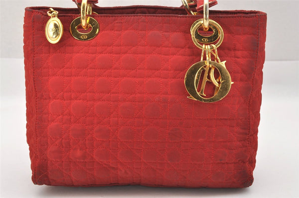 Authentic Christian Dior Lady Dior Nylon Cannage Hand Bag Purse Red CD 2546J