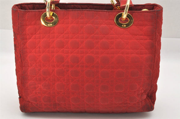 Authentic Christian Dior Lady Dior Nylon Cannage Hand Bag Purse Red CD 2546J