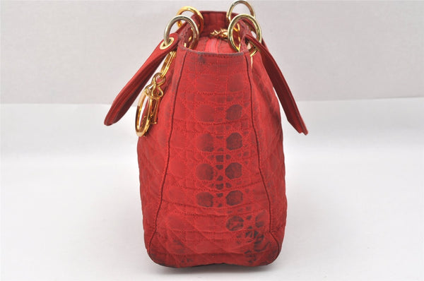 Authentic Christian Dior Lady Dior Nylon Cannage Hand Bag Purse Red CD 2546J