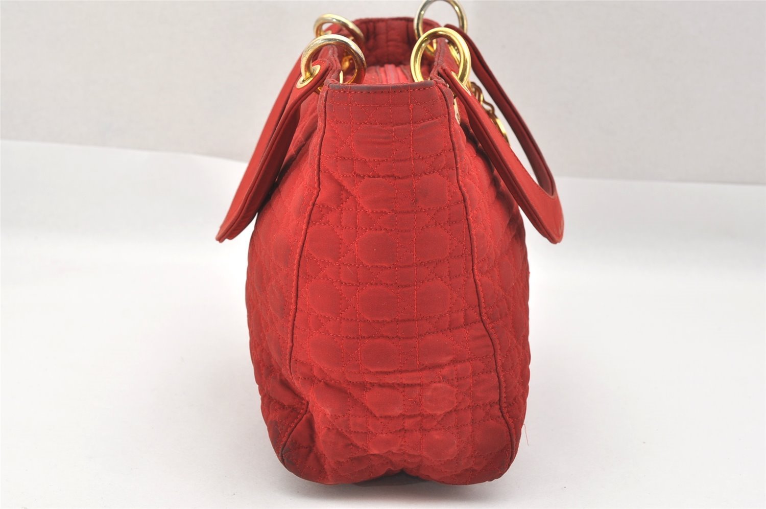 Authentic Christian Dior Lady Dior Nylon Cannage Hand Bag Purse Red CD 2546J