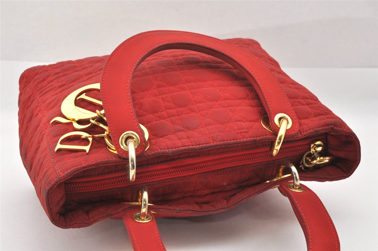 Authentic Christian Dior Lady Dior Nylon Cannage Hand Bag Purse Red CD 2546J