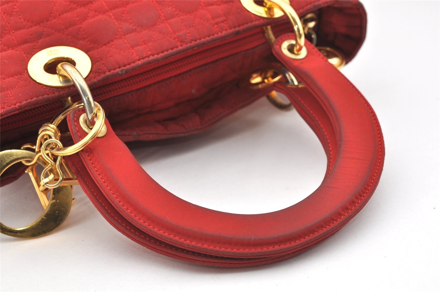 Authentic Christian Dior Lady Dior Nylon Cannage Hand Bag Purse Red CD 2546J