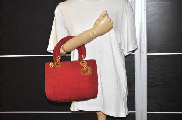 Authentic Christian Dior Lady Dior Nylon Cannage Hand Bag Purse Red CD 2546J