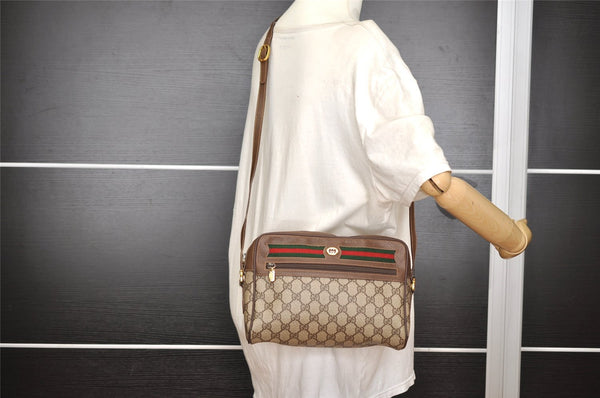 Authentic GUCCI Web Sherry Line Shoulder Cross Bag GG PVC Leather Brown 2549I
