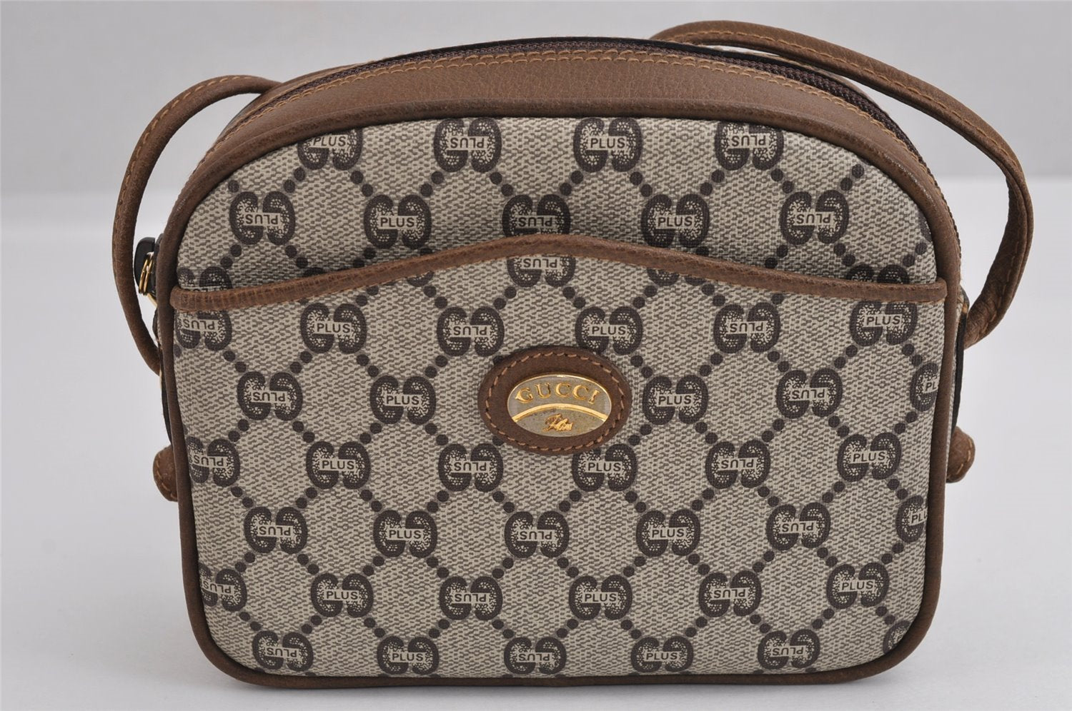 Authentic GUCCI GG Plus Shoulder Cross Body Bag Purse PVC Leather Brown 2549J
